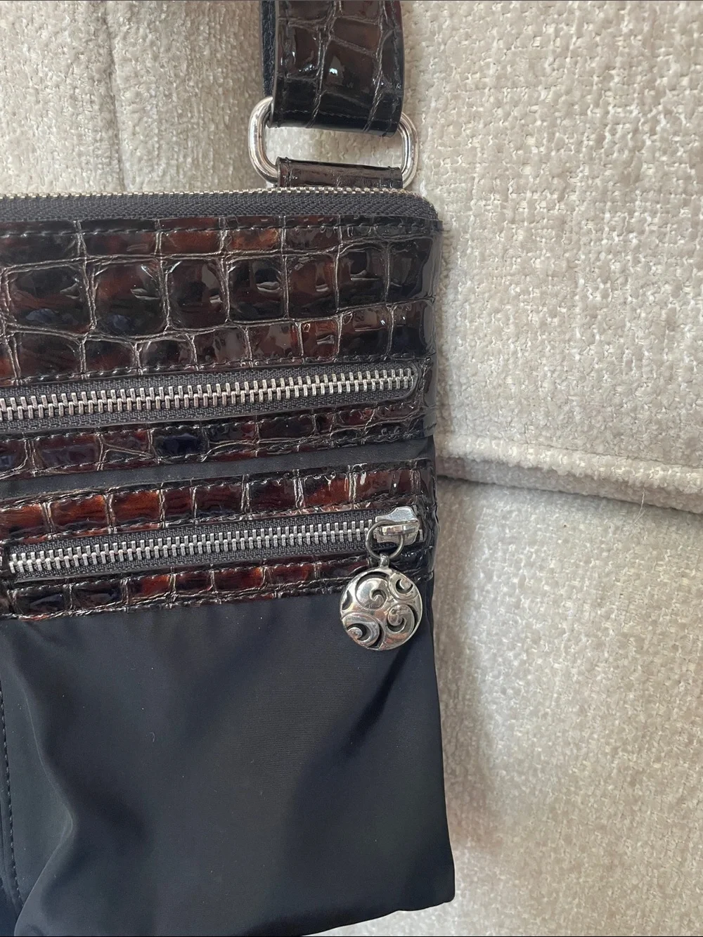 Brighton Brown Croc Embossed Crossbody Adjustable Bag With Silver Heart